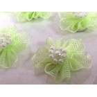 12 Apple Green Organza Glittered Flowers with Pearls